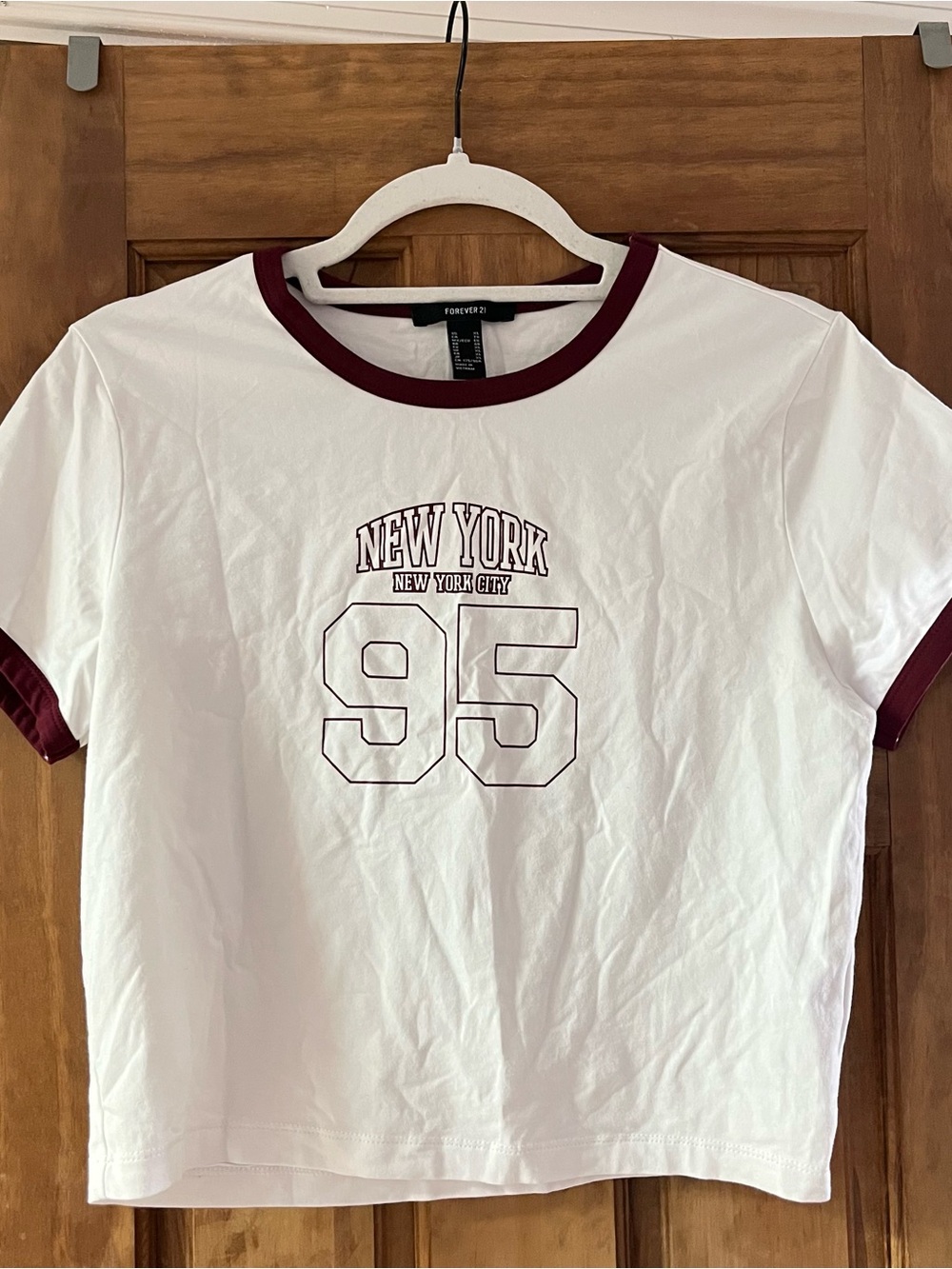 Forever 21 White Cropped Tee with Burgundy Trim and 'New York 95' Graphic